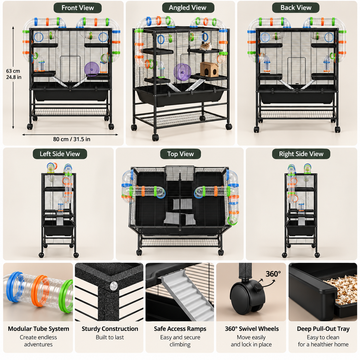 Additional view of XXL Hamster Cage – 109x82x46cm Metal Black with Tubes, Wheel, Platforms & Accessories