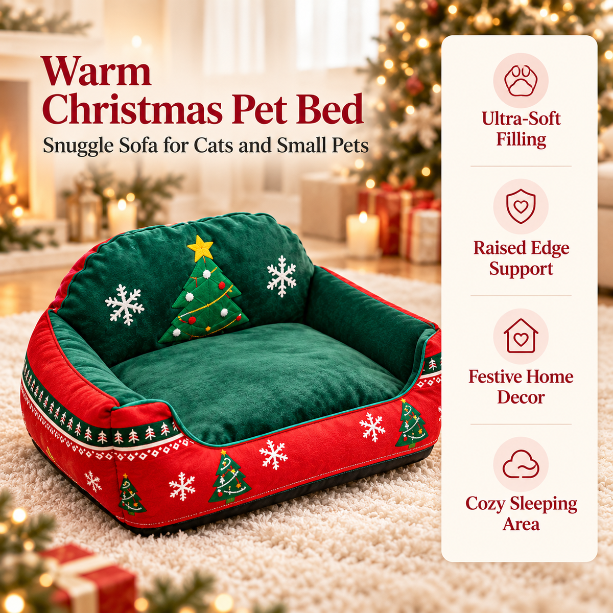 Christmas Sofa Pet Bed for Cats & Small Dogs