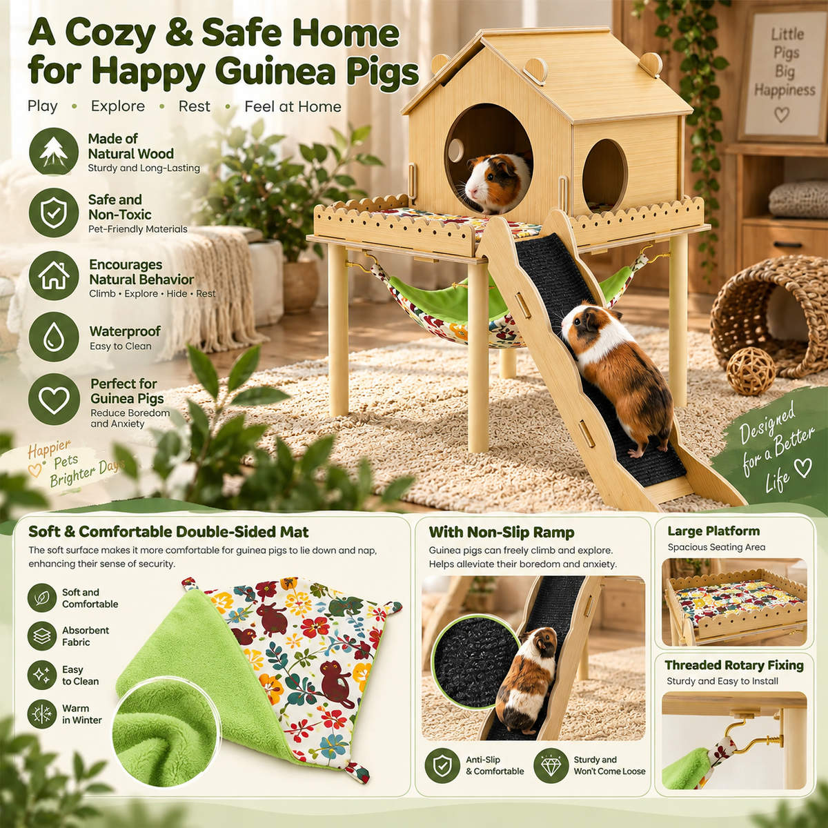 3-in-1 Wooden Guinea Pig Hideout – House with Stairs, Hammock & Chew Toys