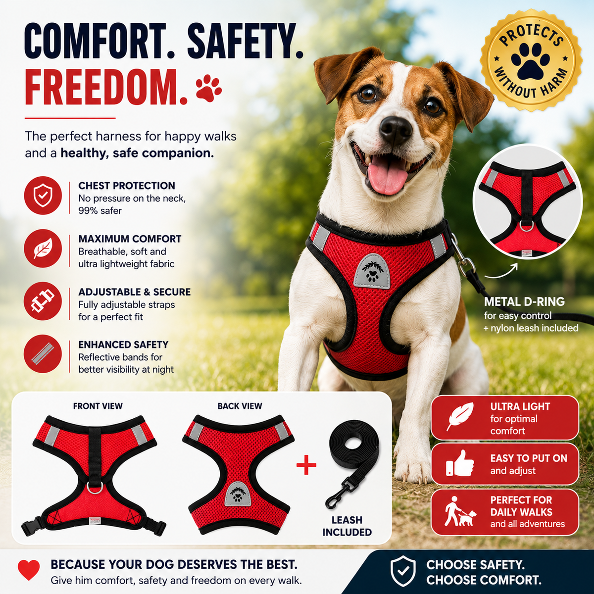 Breathable Mesh Harness with Leash – Adjustable & Reflective for Dogs and Cats