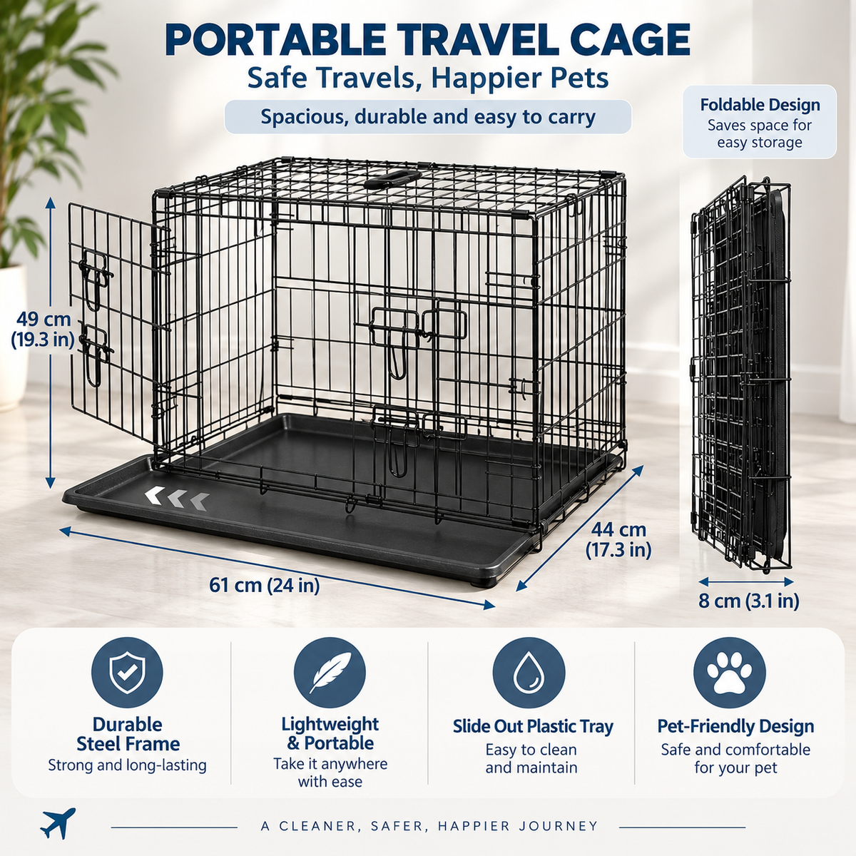 Foldable Pet Cage 60x44x49cm | Portable Travel Crate with Double Lock for Rabbits, Hamsters & Small Animals
