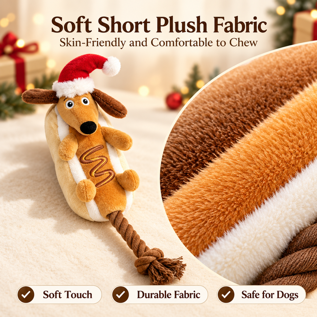 Christmas Dachshund Plush Dog Toy for Small & Medium Dogs
