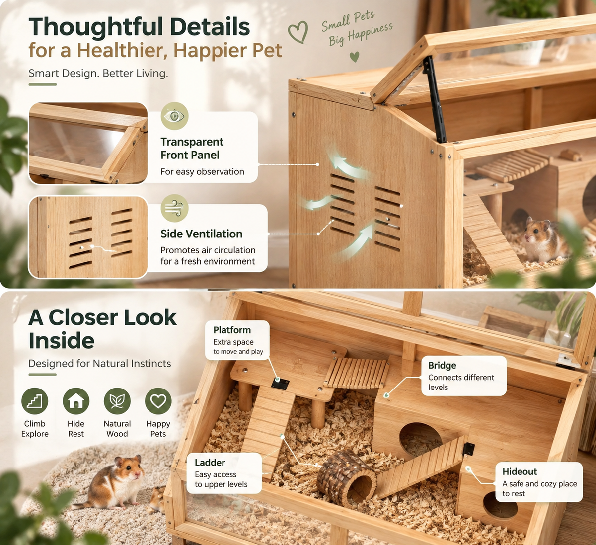 Large Wooden Hamster Cage – 85x45x44cm with Platform, Hanging Bridge & Transparent Panel