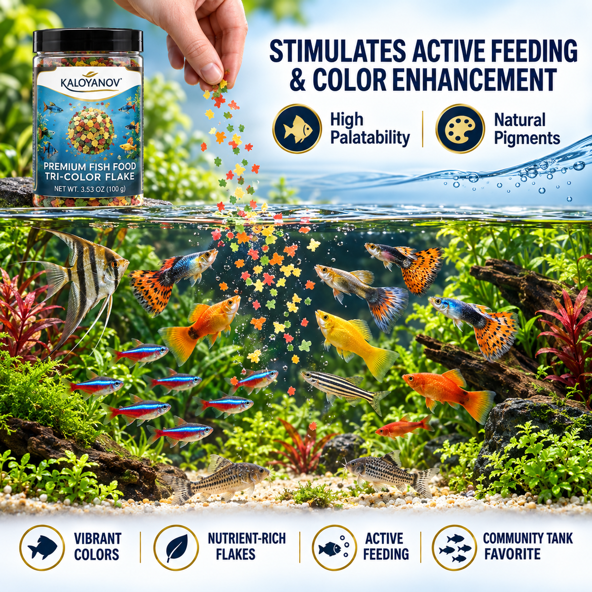 3-Color Flakes Fish Food for Tropical Fish & Goldfish