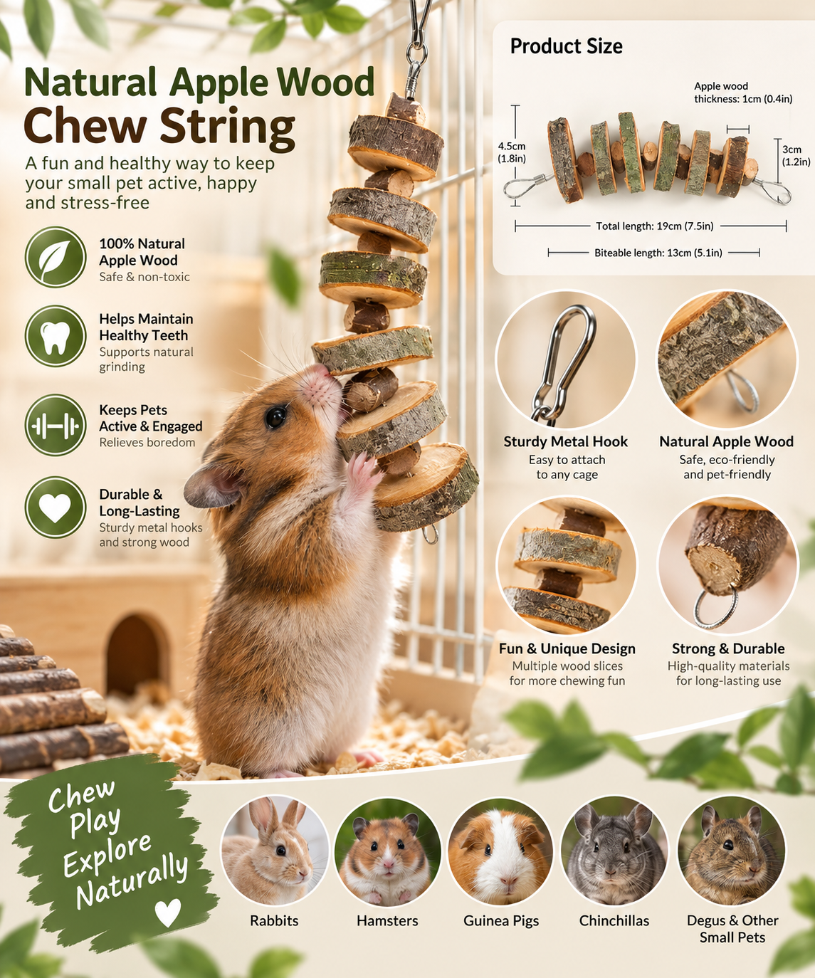 Natural Wood Chew Toy for Small Pets | Apple Wood String & Tower Style | Rabbits, Hamsters, Guinea Pigs & Chinchillas
