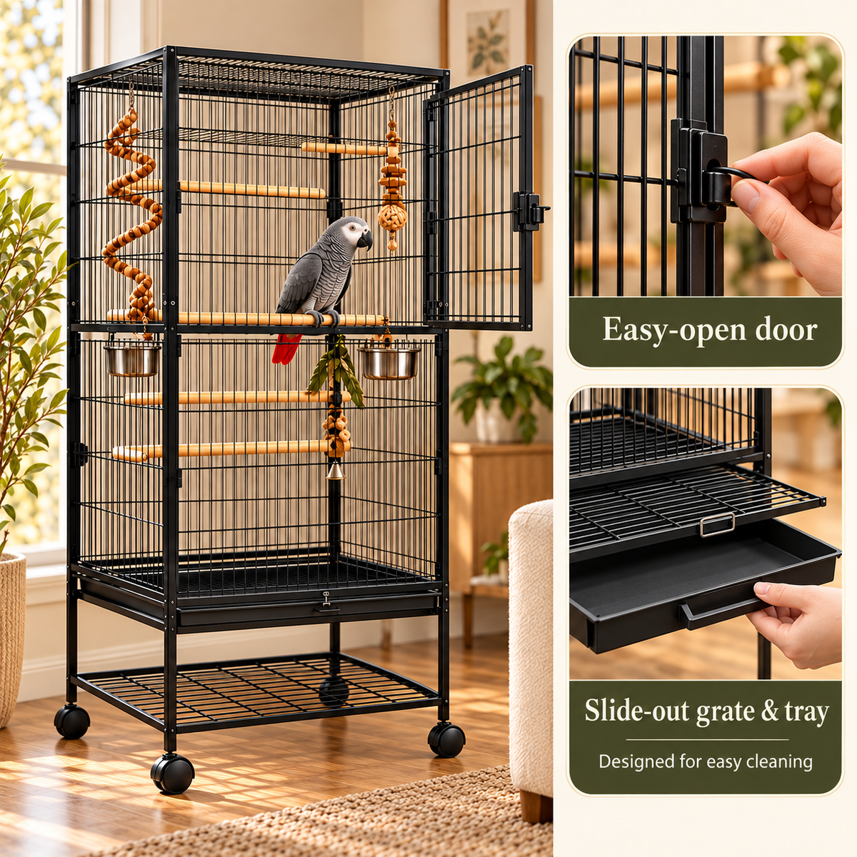 Large Rolling Metal Bird Cage with Perches & Feeders