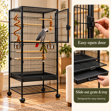 Large Rolling Metal Bird Cage with Perches & Feeders