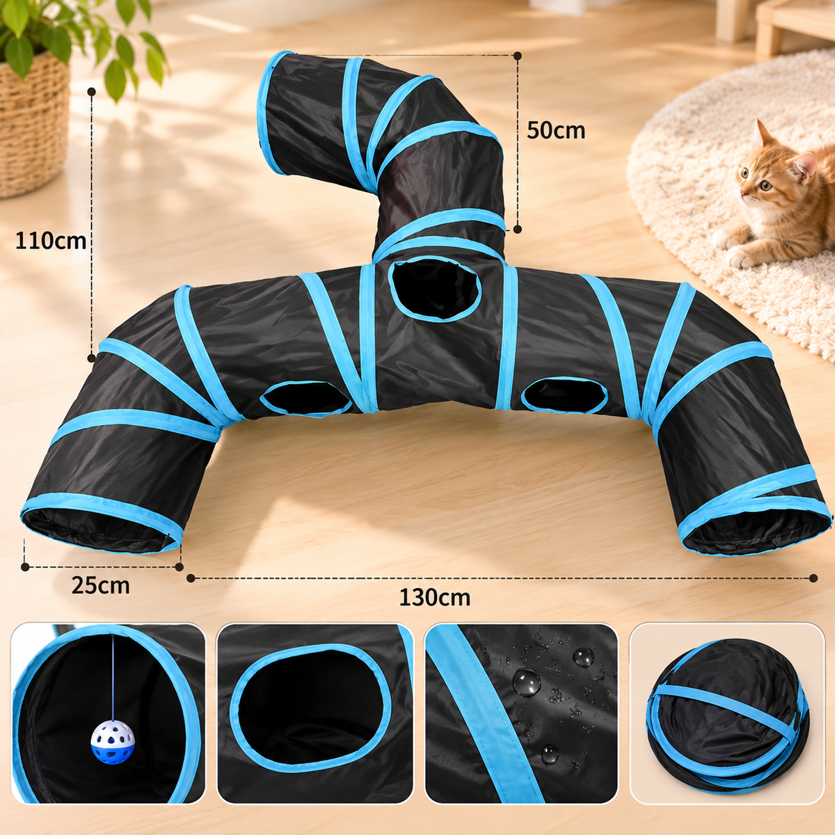 Three-Way Cat Tunnel – Foldable Polyester Play Tunnel for Indoor Cats