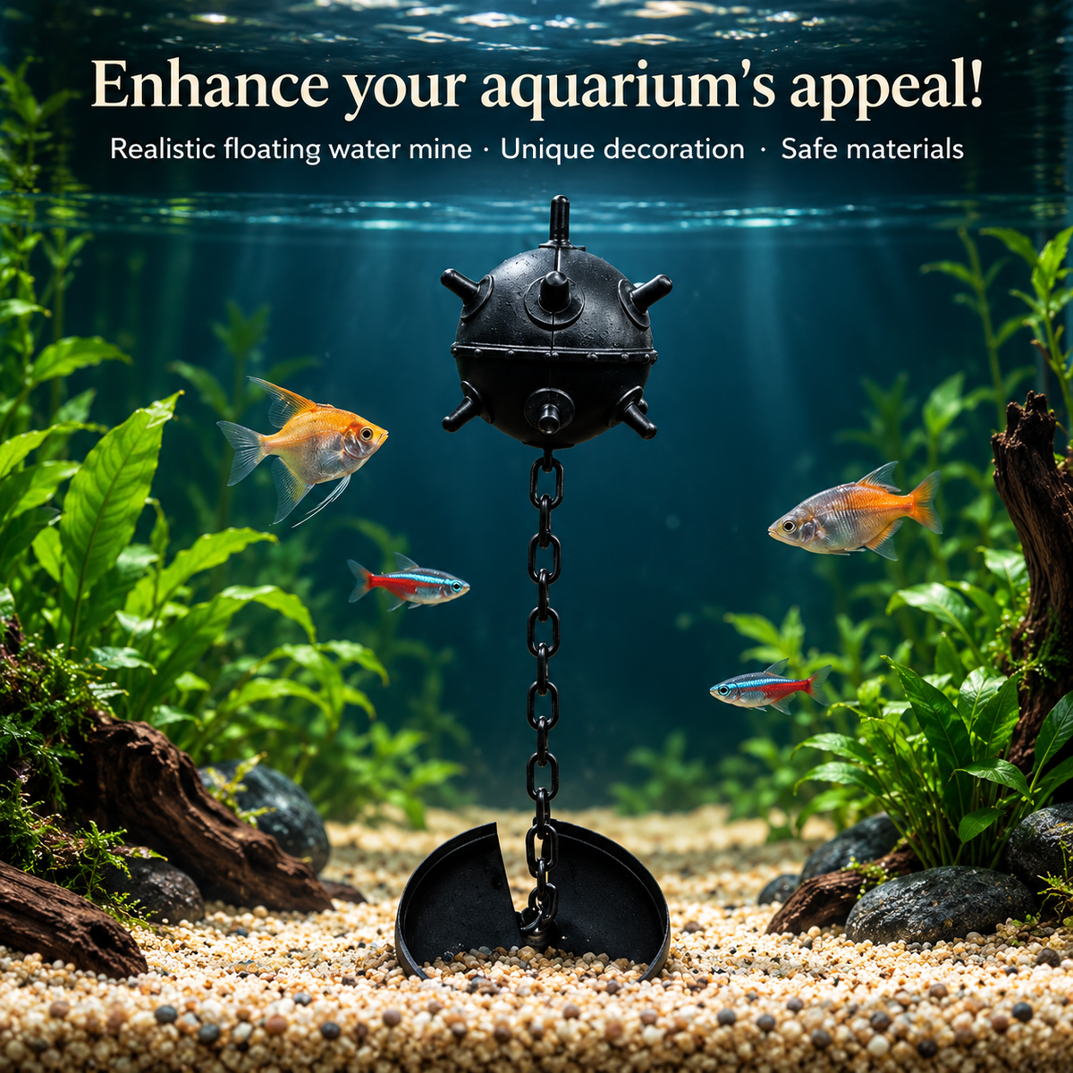 Floating Naval Mine Aquarium Ornament with Chain
