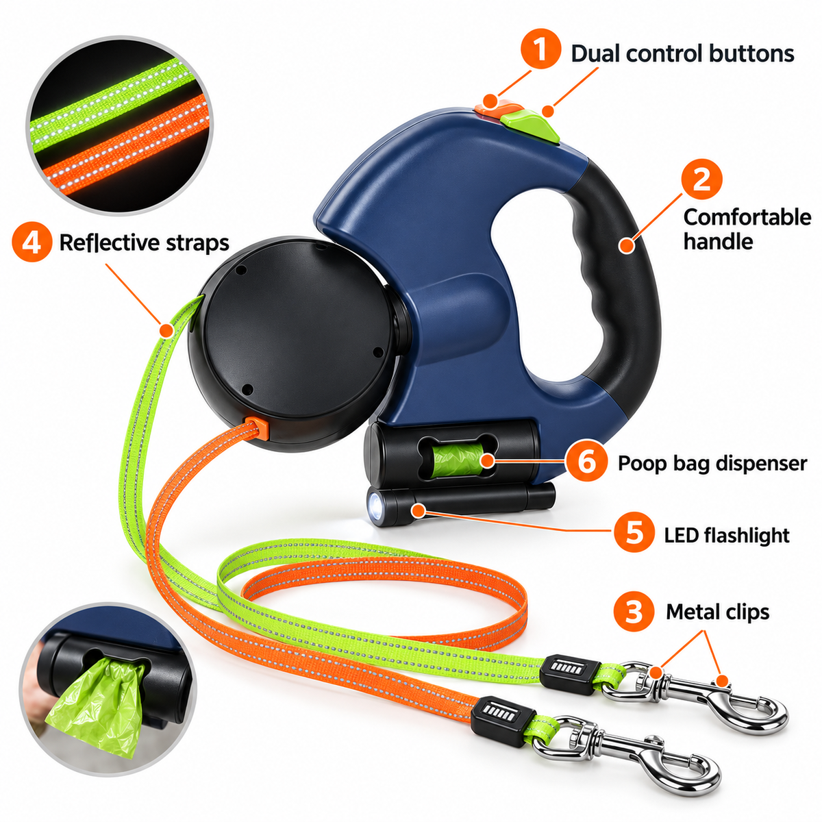 3M Dual Retractable Dog Leash with Light & Swivel