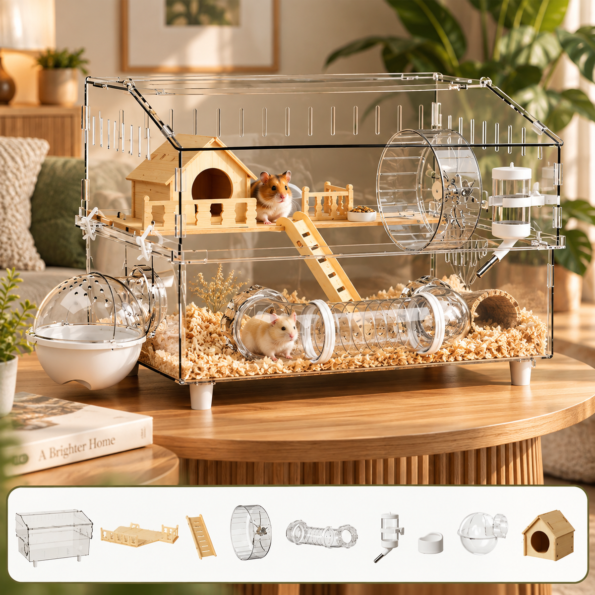 Large Acrylic Hamster Cage – 360° Panoramic View, 2 Levels with Full Accessories