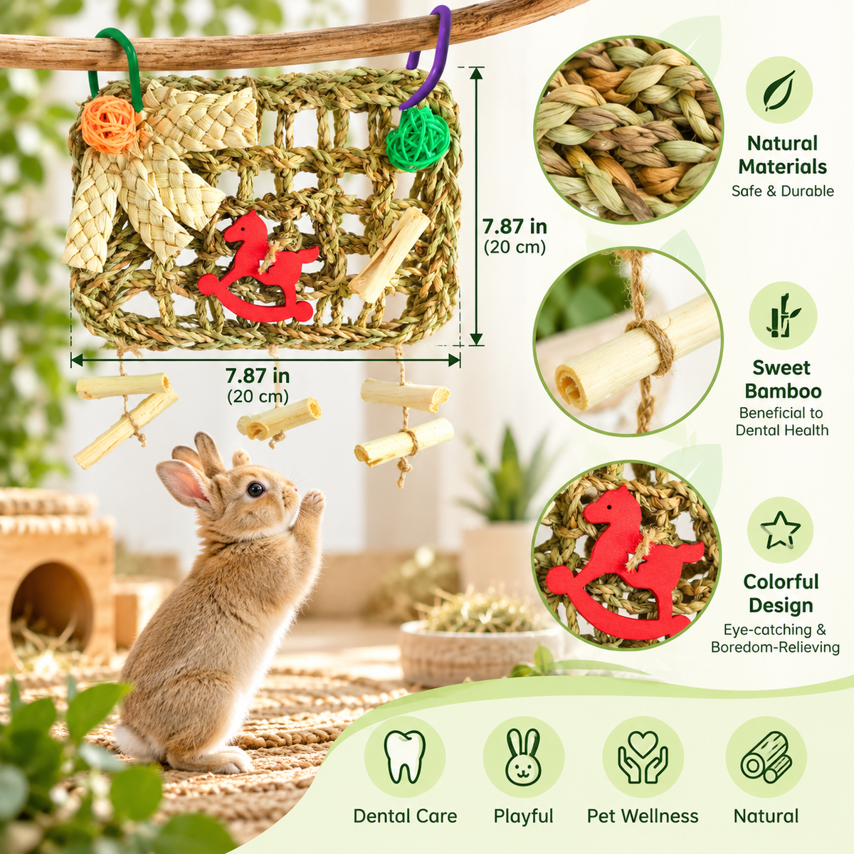 Natural Seagrass Hanging Chew Net – Foraging & Dental Toy for Rabbits, Guinea Pigs, Chinchillas & Hamsters
