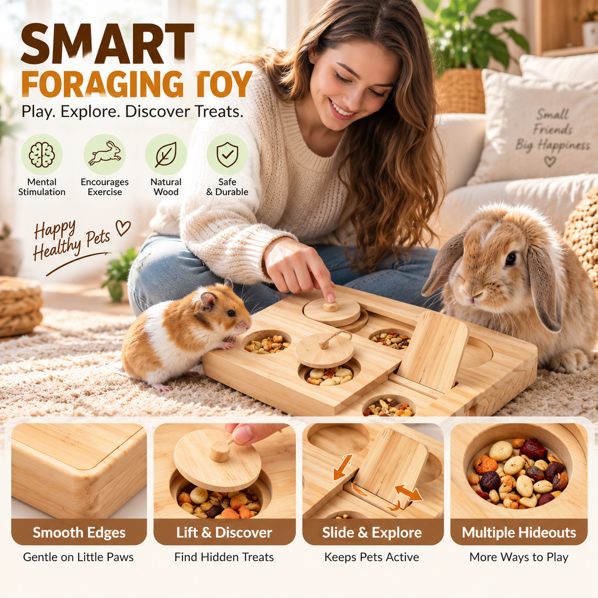 Wooden Foraging Puzzle Toy – 6-in-1 Enrichment Game for Hamsters & Small Pets