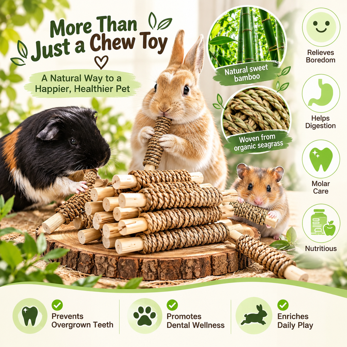 Natural Bamboo & Seagrass Chew Toys for Small Pets – Pack of 15 | Rabbits, Guinea Pigs, Chinchillas & Hamsters