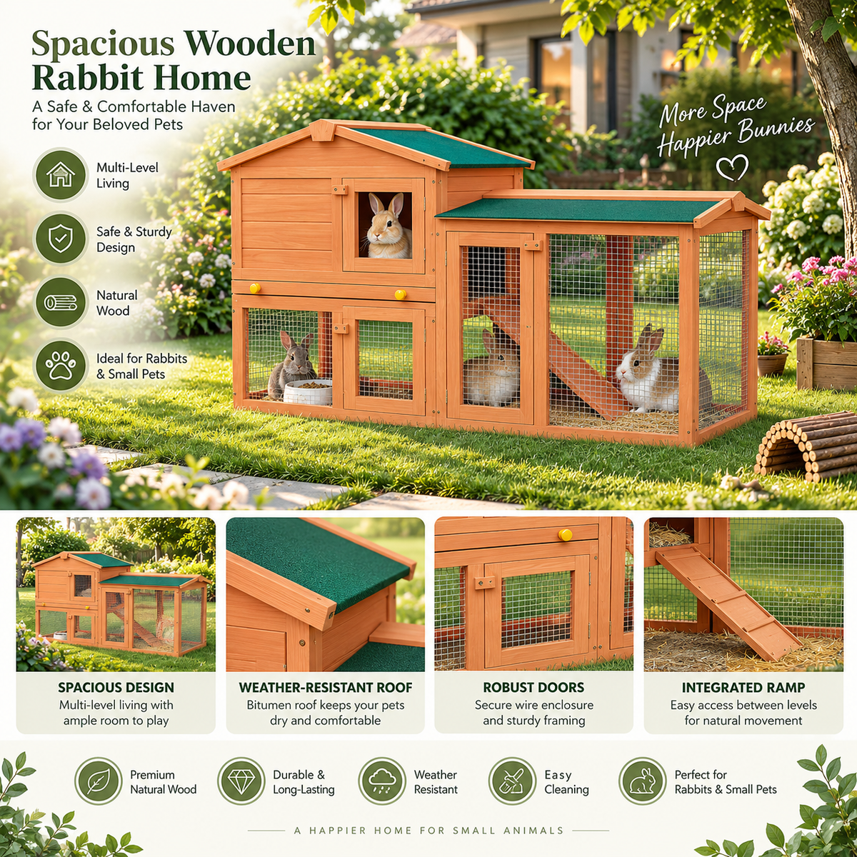 Large 2-Level Rabbit Hutch – Wooden & Metal Outdoor Pet Cage for Rabbits & Small Animals