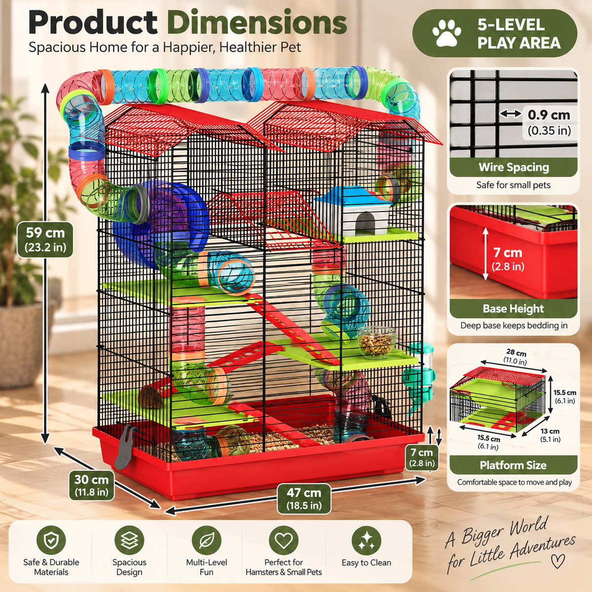 PawHut Hamster Cage – 2-Level with Wheel, Tunnel & Accessories – 47x30x59cm