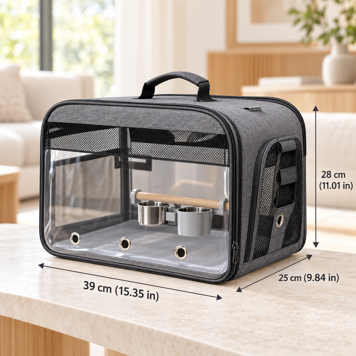Bird Travel Carrier Bag with Perch & Feeding Cups