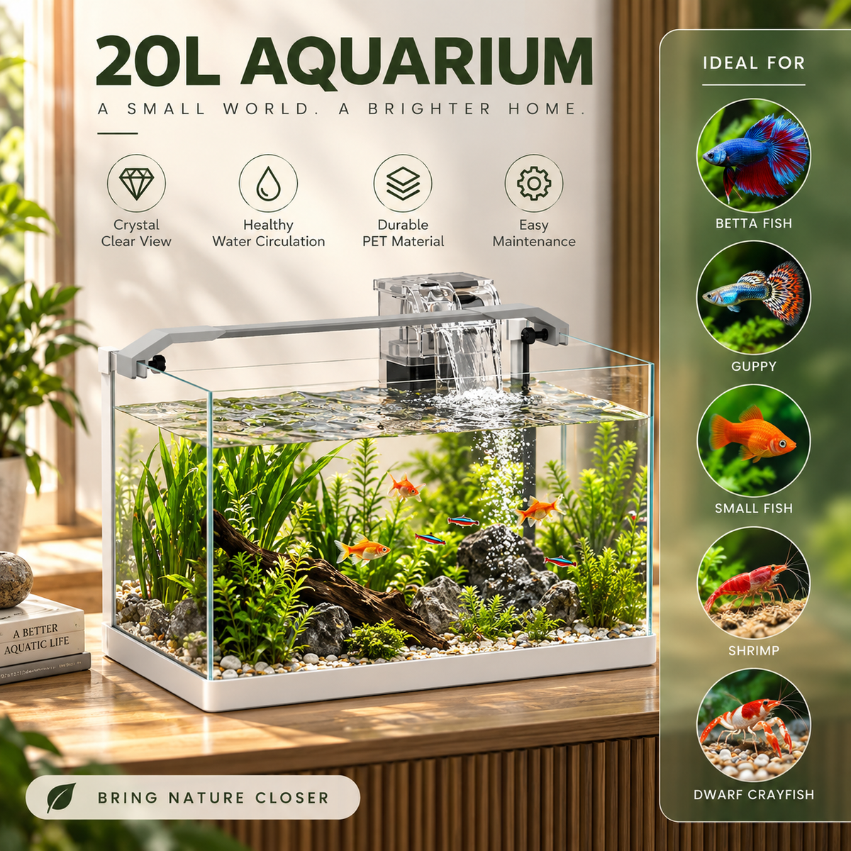 PawHut 20L Glass Aquarium Kit | LED Light, Filter & Pump Included – 38×26×27 cm