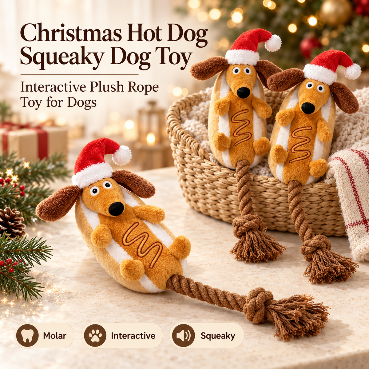 Christmas Dachshund Plush Dog Toy for Small & Medium Dogs
