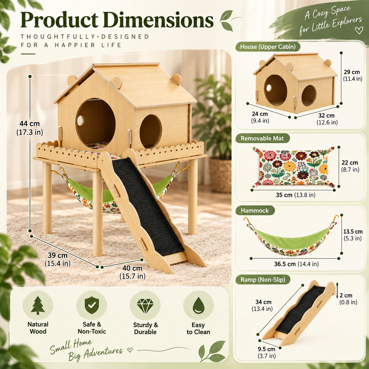 3-in-1 Wooden Guinea Pig Hideout – House with Stairs, Hammock & Chew Toys