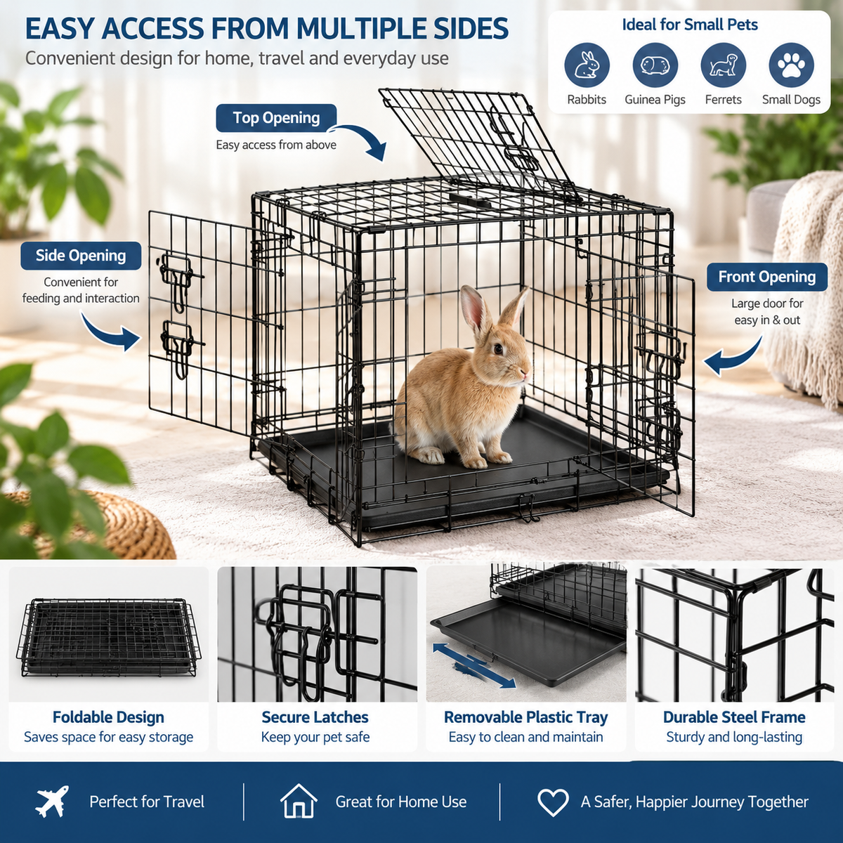 Foldable Pet Cage 60x44x49cm | Portable Travel Crate with Double Lock for Rabbits, Hamsters & Small Animals