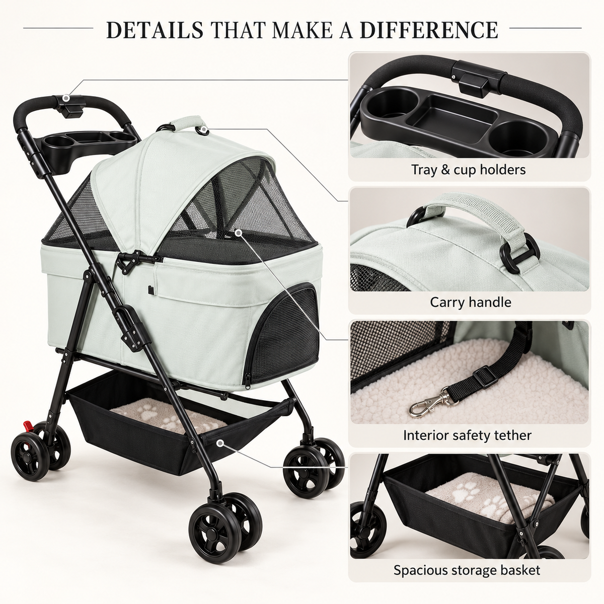 Pet Stroller with Adjustable Canopy & Storage Basket