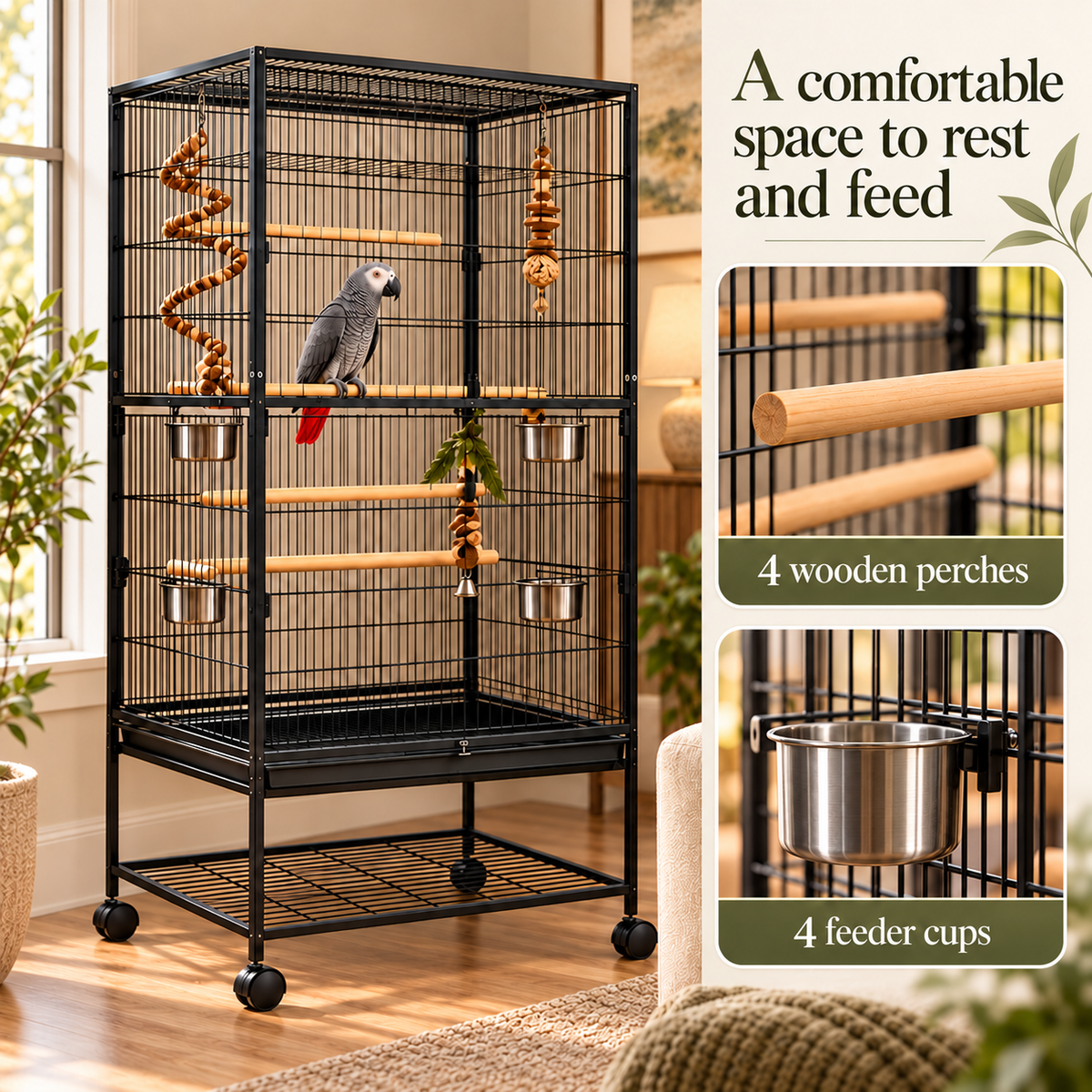 Large Rolling Metal Bird Cage with Perches & Feeders