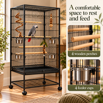 Large Rolling Metal Bird Cage with Perches & Feeders