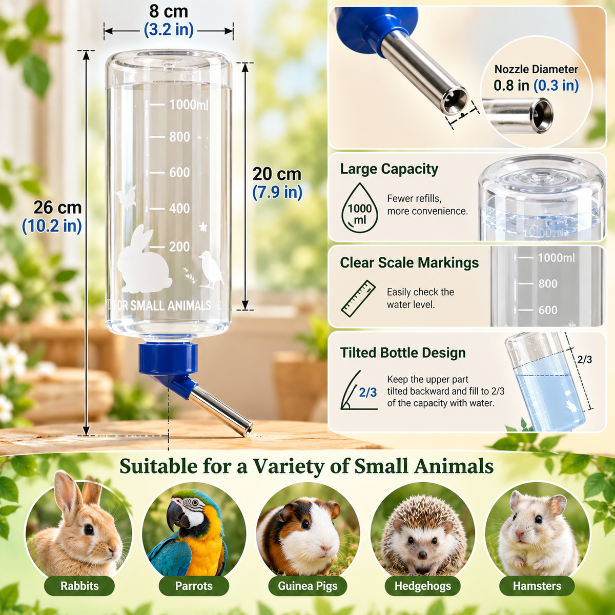 Automatic Hanging Water Bottle for Small Animals – 1000ml | Rabbits, Guinea Pigs & Parrots