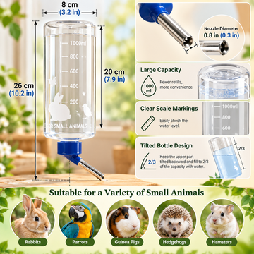 Additional view of Automatic Hanging Water Bottle for Small Animals – 1000ml | Rabbits, Guinea Pigs & Parrots
