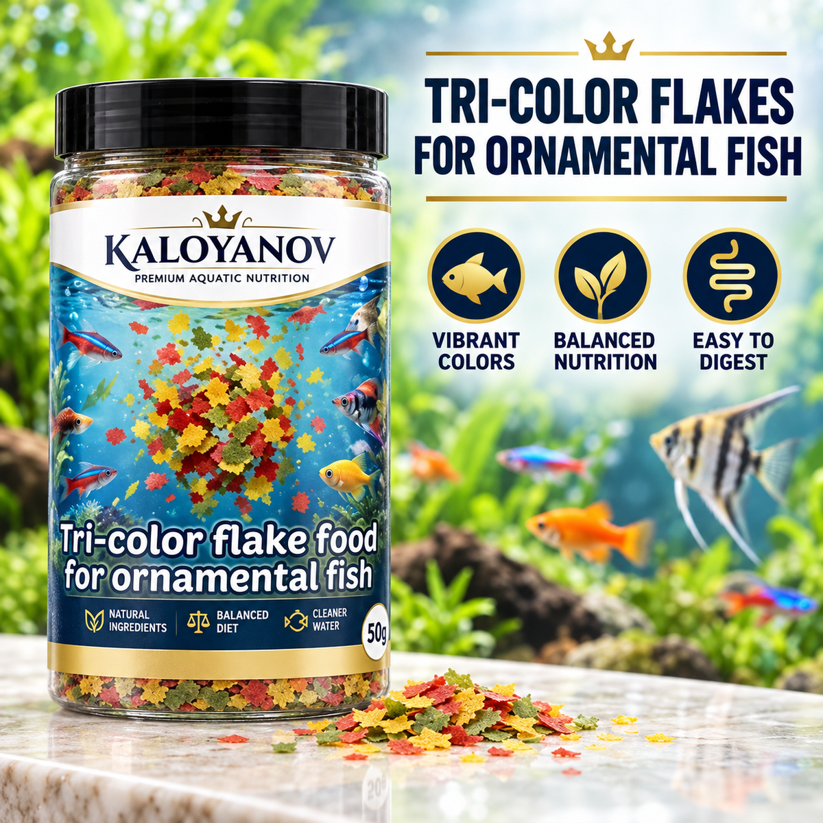 3-Color Flakes Fish Food for Tropical Fish & Goldfish