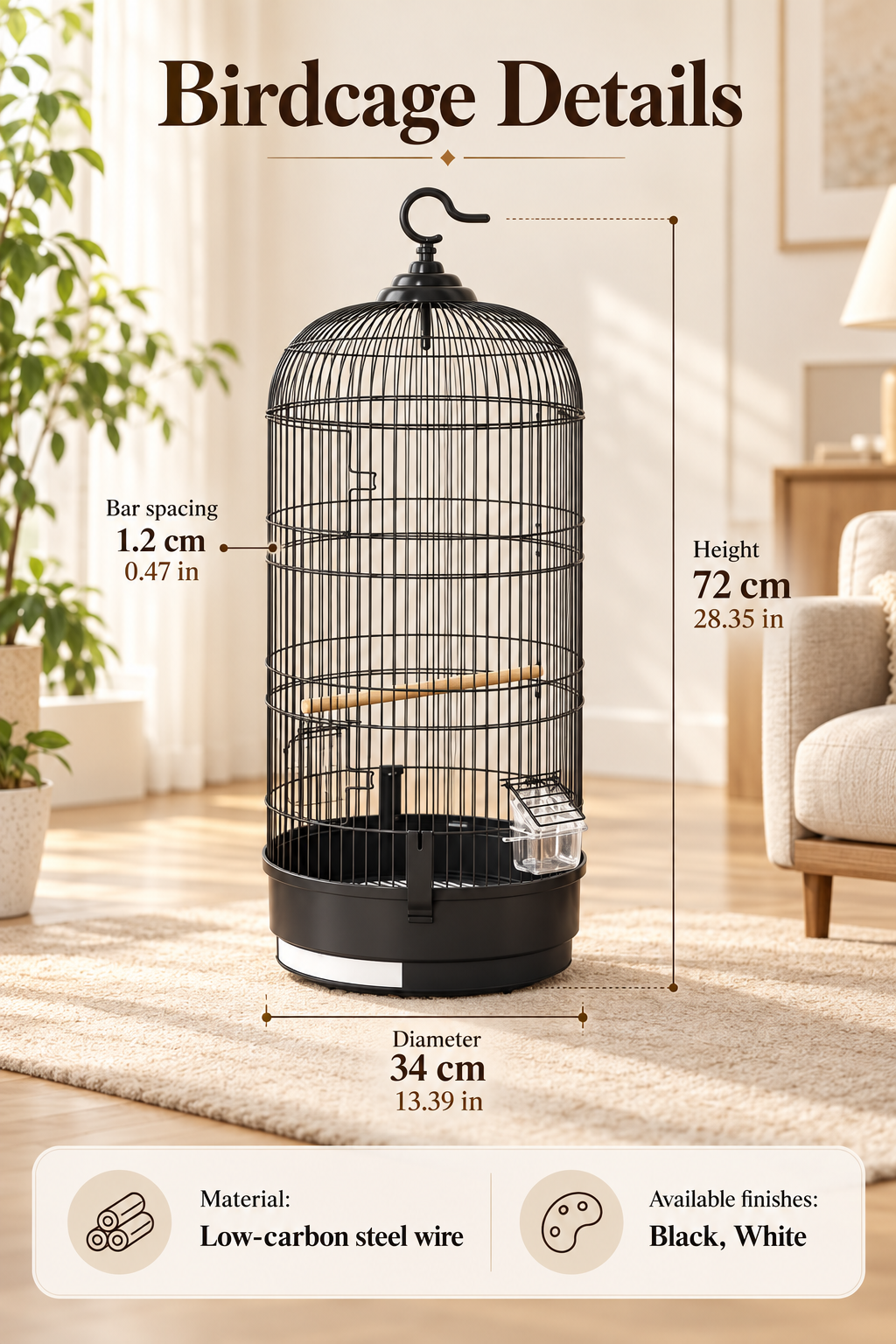 Round Dome-Top Bird Cage with Hanging Hook