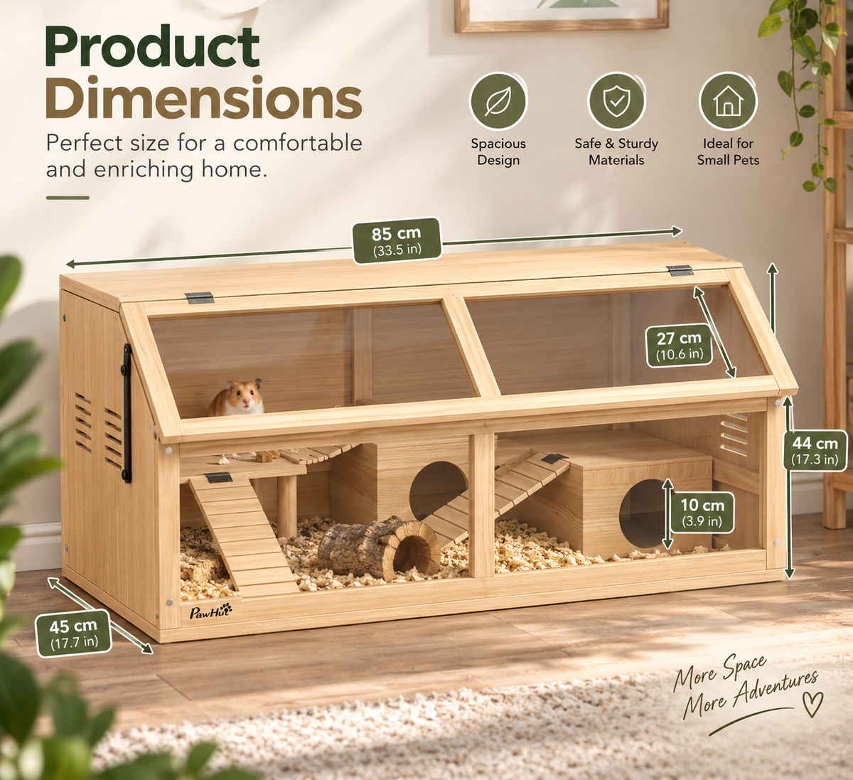 Large Wooden Hamster Cage – 85x45x44cm with Platform, Hanging Bridge & Transparent Panel