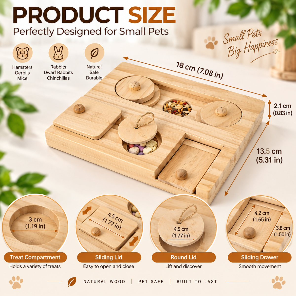 Wooden Foraging Puzzle Toy – 6-in-1 Enrichment Game for Hamsters & Small Pets