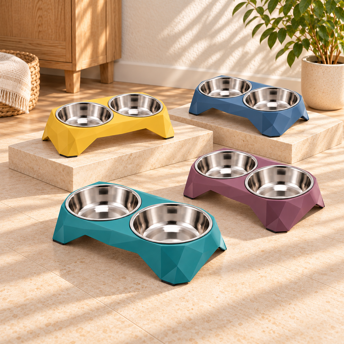 Diamond-Pattern Double Pet Bowl