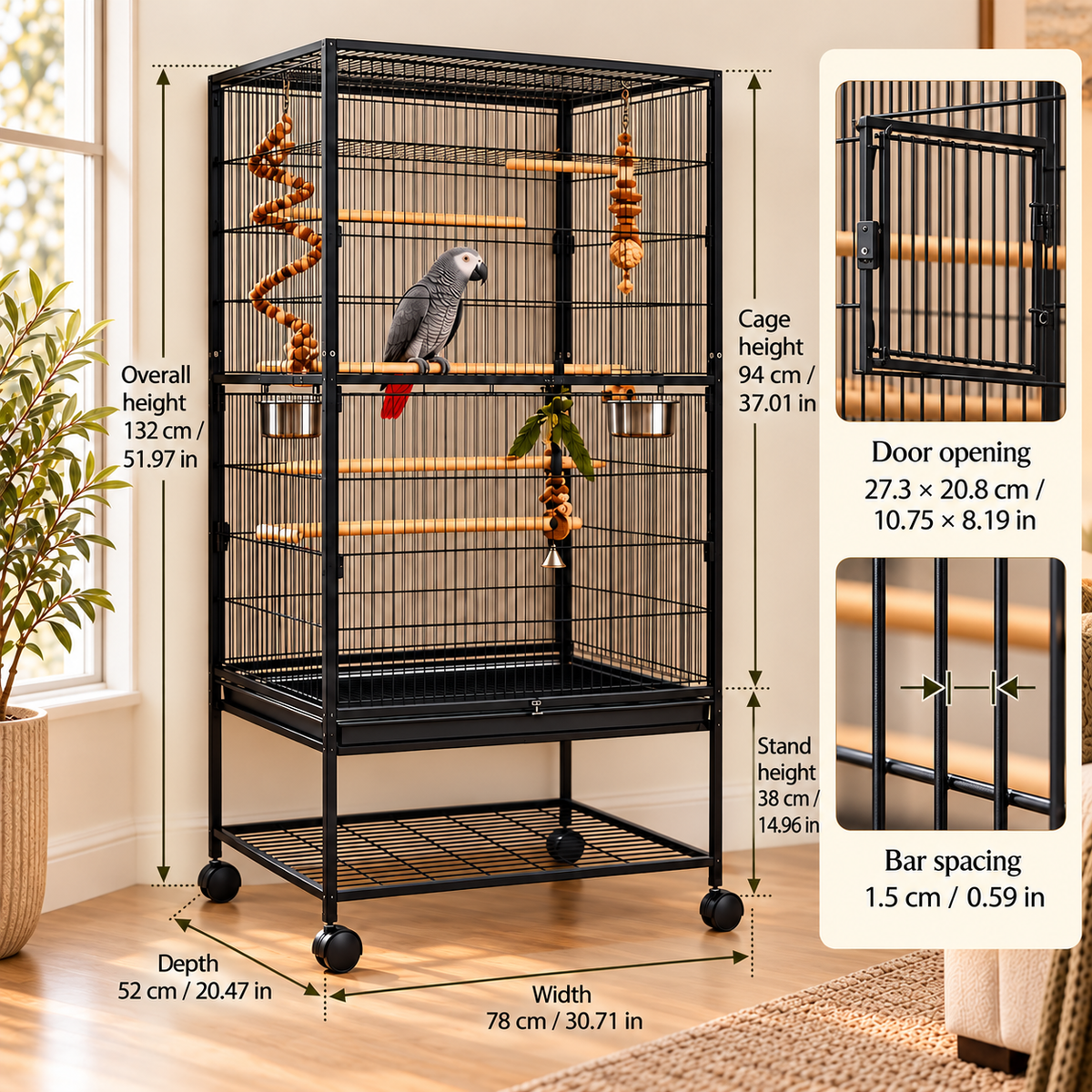 Large Rolling Metal Bird Cage with Perches & Feeders