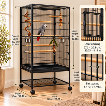 Large Rolling Metal Bird Cage with Perches & Feeders