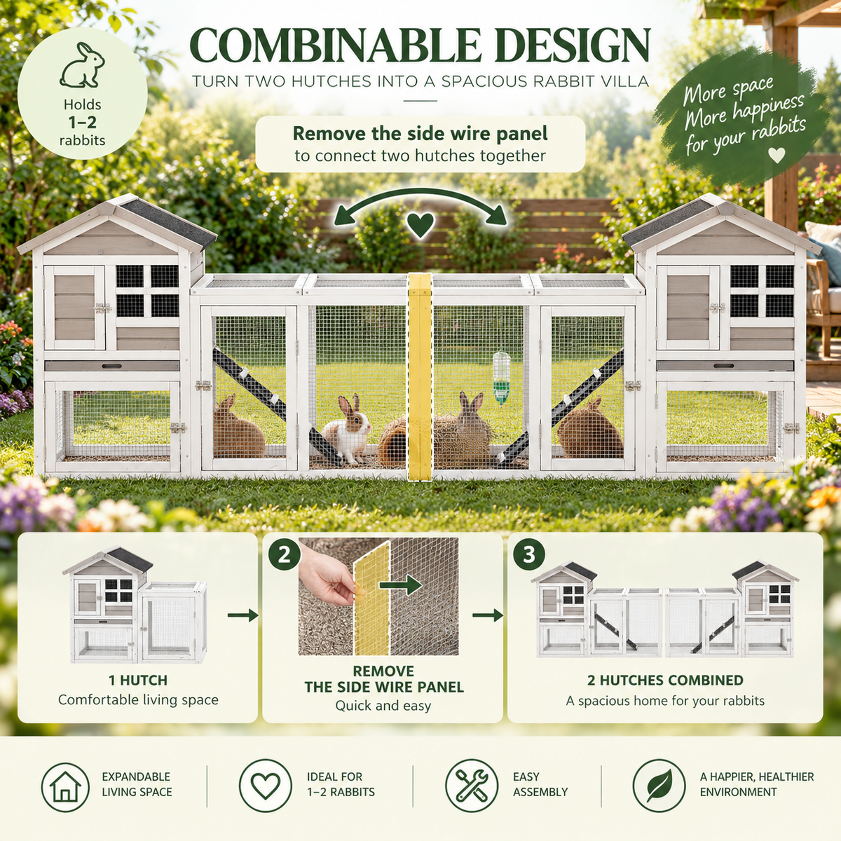 PawHut 2-Level Rabbit Hutch – Wooden Outdoor Cage with Ramp, Run & Sliding Tray | Grey