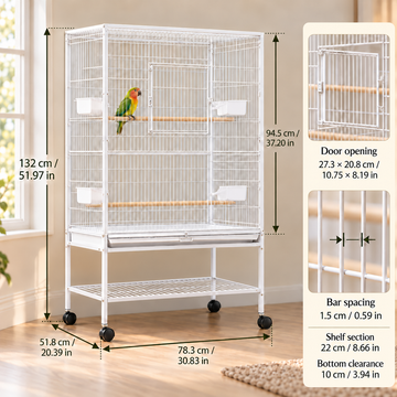 Large Rolling Metal Bird Cage with Perches & Feeders