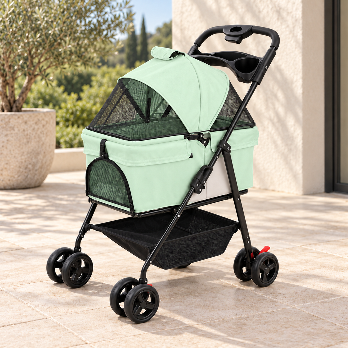 Pet Stroller with Adjustable Canopy & Storage Basket