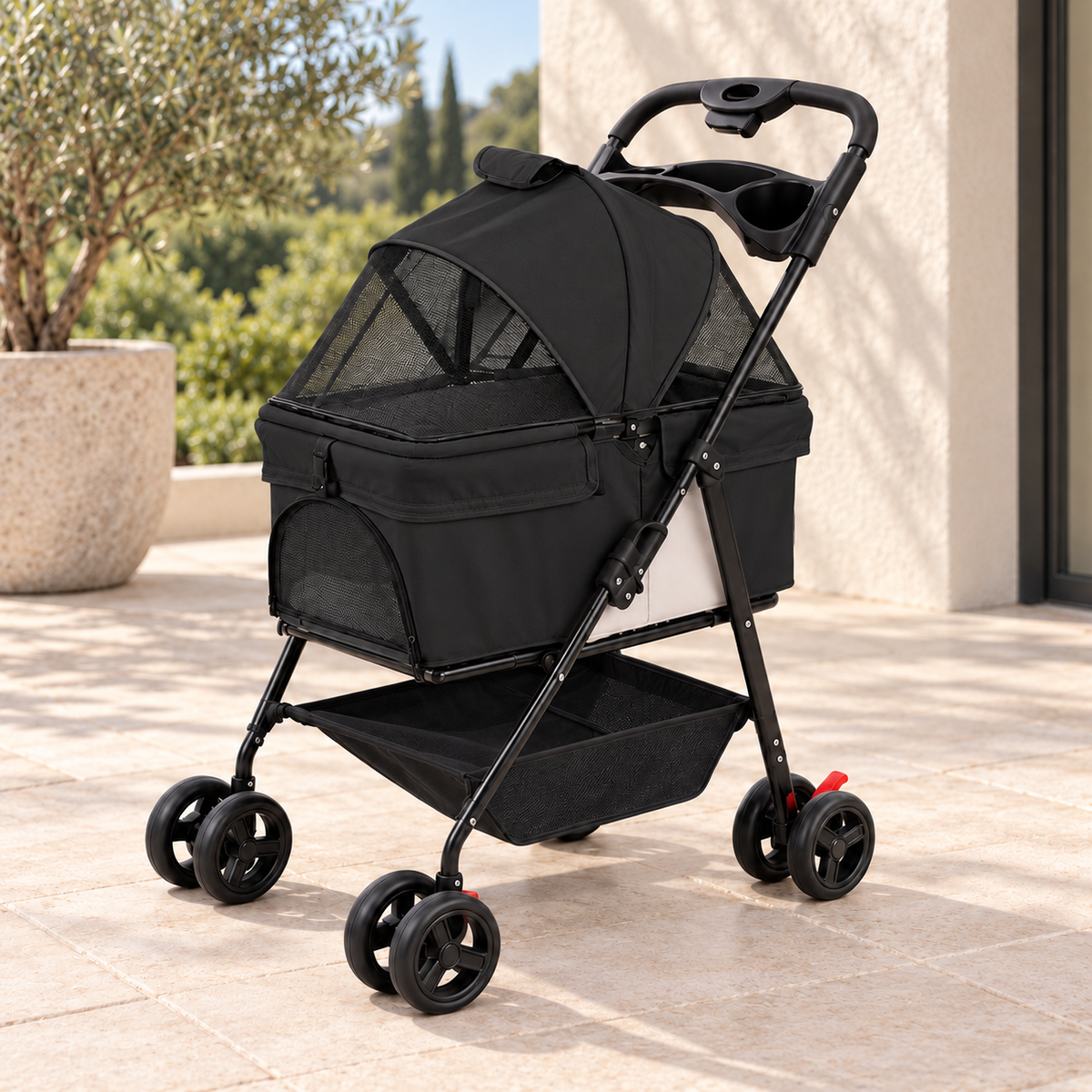 Pet Stroller with Adjustable Canopy & Storage Basket