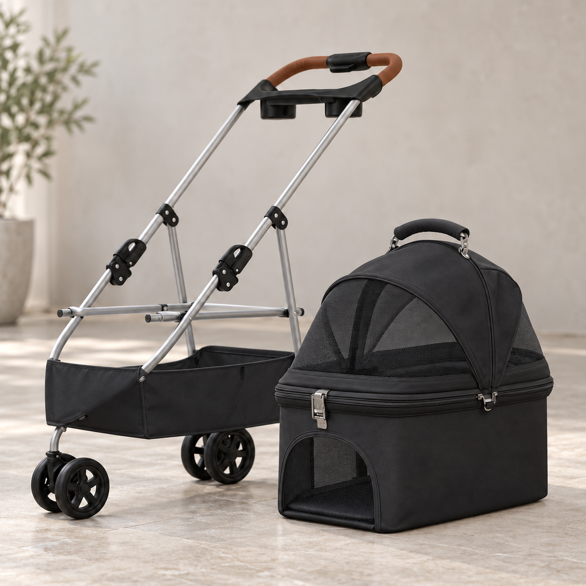 3-Wheel Pet Stroller with Detachable Basket