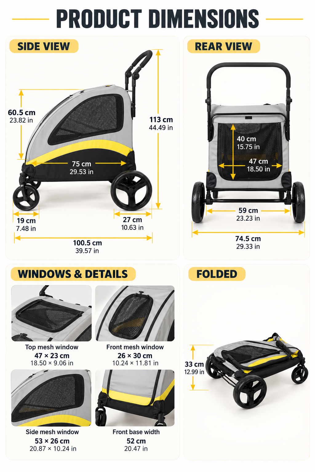 4-Wheel Folding Dog Stroller in Multiple Sizes