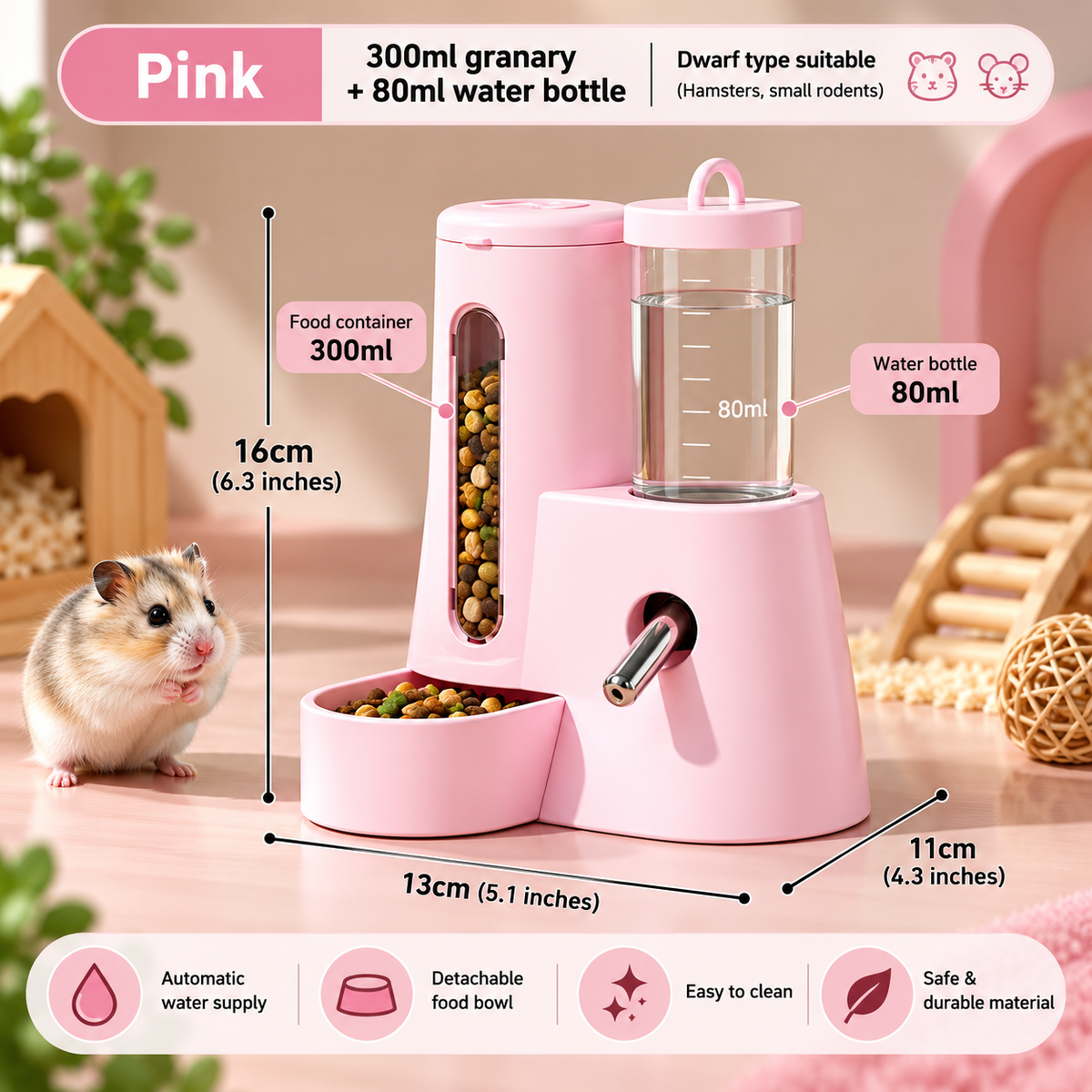 2-in-1 Hamster Feeder & Waterer – Large Capacity Leakproof Automatic Dispenser