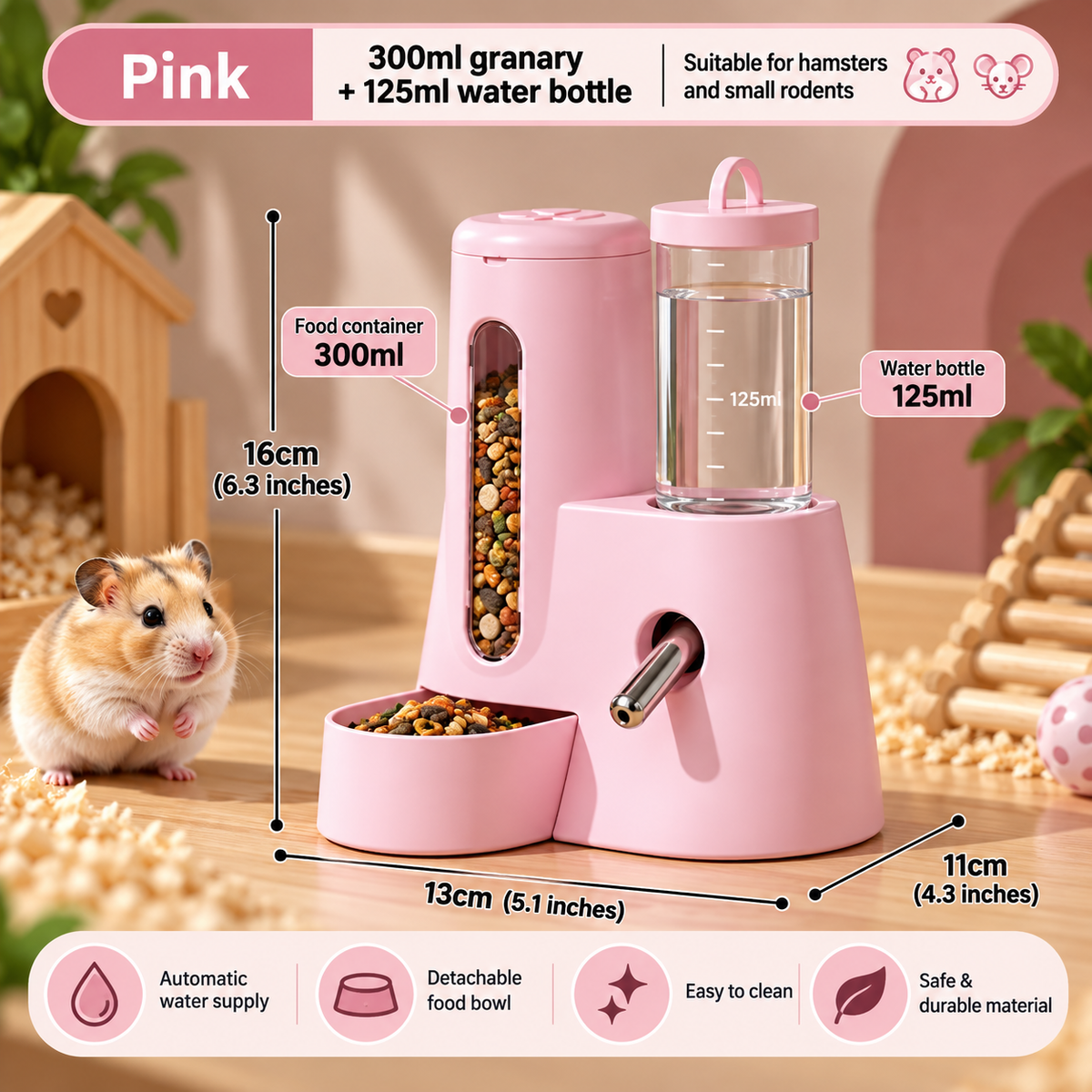 2-in-1 Hamster Feeder & Waterer – Large Capacity Leakproof Automatic Dispenser