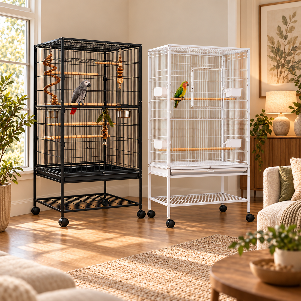 Large Rolling Metal Bird Cage with Perches & Feeders