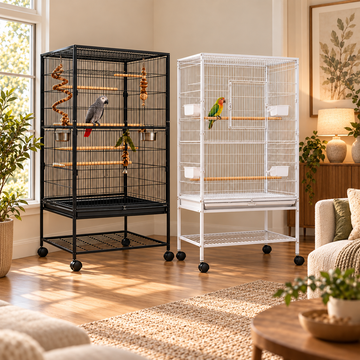 Large Rolling Metal Bird Cage with Perches & Feeders