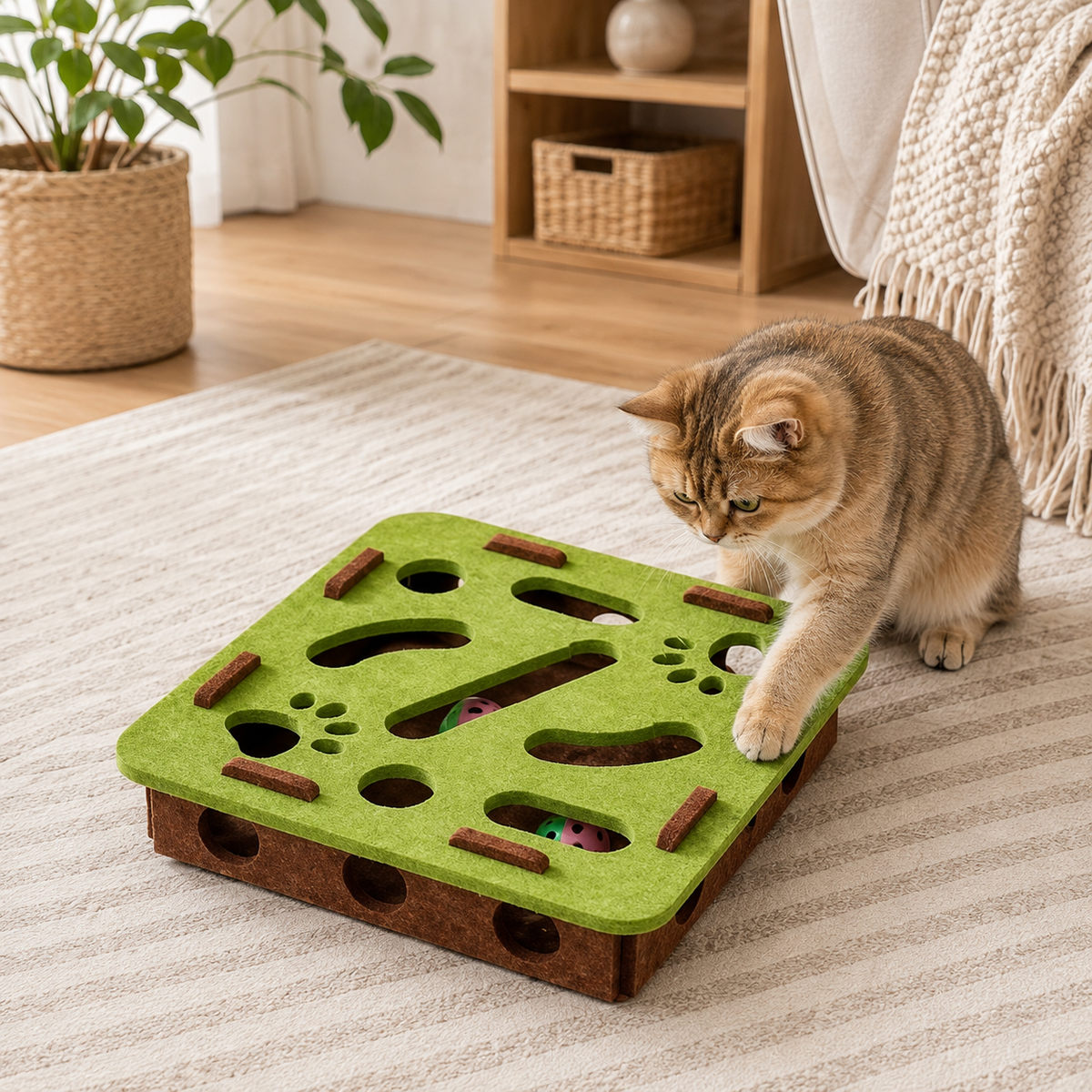 Interactive Cat Puzzle Toy Box – Felt Activity Board with Ball for Indoor Cats