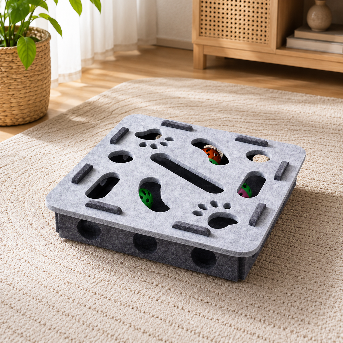 Interactive Cat Puzzle Toy Box – Felt Activity Board with Ball for Indoor Cats
