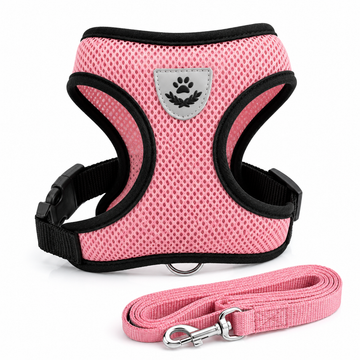 Breathable Mesh Harness with Leash – Adjustable & Reflective for Dogs and Cats in pink